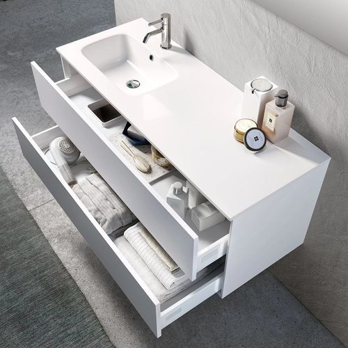 Ensemble meuble de salle de bain 2 tiroirs laqué blanc et miroir à LED Goa L 120 cm - Photo n°2; ?>