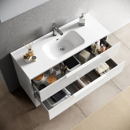 Ensemble meuble de salle de bain 2 tiroirs laqué blanc et miroir à LED Mola L 100 cm - Photo n°2; ?>