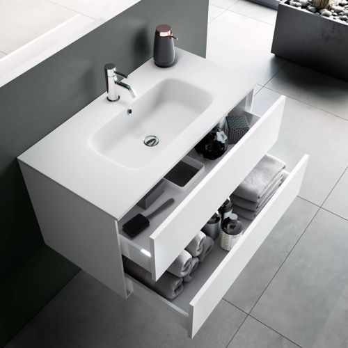 Ensemble meuble de salle de bain 2 tiroirs laqué blanc et miroir lumineux Lago L 120 cm 2 - Photo n°3; ?>