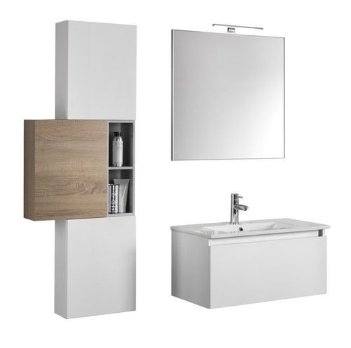 Ensemble meuble de salle de bain 3 armoires laqué blanc et bois clair avec vasque et miroir lumineux Teph L 70 cm - Photo n°2; ?>