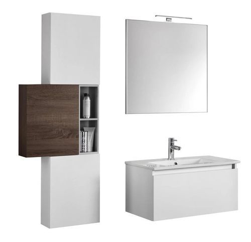 Ensemble meuble de salle de bain 3 armoires laqué blanc et bois foncé avec vasque et miroir lumineux Teph L 70 cm - Photo n°2; ?>