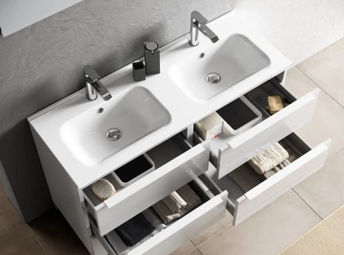 Ensemble meuble de salle de bain 4 tiroirs laqué blanc brillant et miroir à LED Malo L 120 cm - Photo n°2; ?>