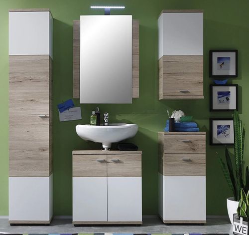 Ensemble meuble de salle de bain 5 pièces avec miroir blanc et chêne clair Masie - Photo n°2; ?>