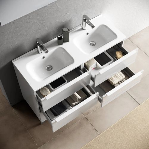 Ensemble meuble de salle de bain 6 tiroirs laqué blanc brillant et miroir Malo L 120 cm - Photo n°2; ?>