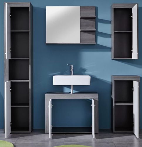 Ensemble meuble salle de bain 5 pièces blanc et gris avec miroir Anide - Photo n°3; ?>