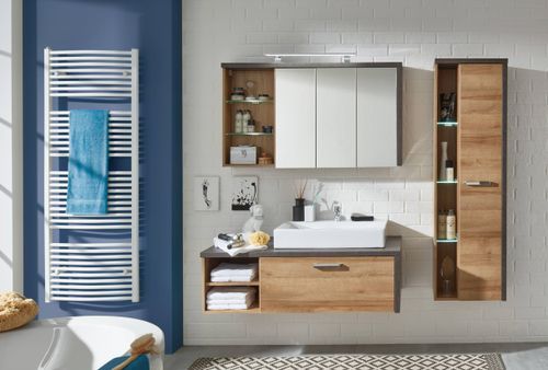 Ensemble meuble salle de bain avec vasque 3 pièces gris béton et chêne Riviera miel Babel 186 cm - Photo n°2; ?>
