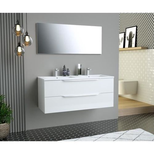 Ensemble Meuble salle de bain L 120 - Vasque + 2 tiroirs + miroir - Blanc - ZOOM - Photo n°2; ?>