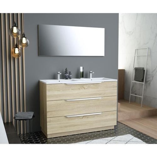 Ensemble Meuble salle de bain L 120 - Vasque + 3 tiroirs + miroir - Décor bois - ZOOM - Photo n°2; ?>