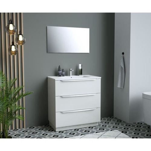 Ensemble Meuble salle de bain sur socle L 80 - Vasque + 3 tiroirs + miroir - Blanc - ZOOM - Photo n°2; ?>