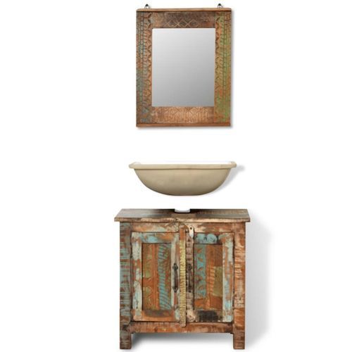 Ensemble meuble sous vasque et miroir en bois massif recyclé - Photo n°2; ?>