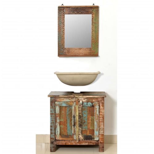 Ensemble meuble sous vasque et miroir en bois massif recyclé - Photo n°3; ?>