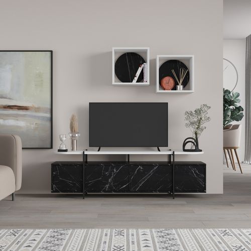 Ensemble meuble TV 4 portes et 2 étagères murales bois blanc et noir effet marbre Kusta 160 cm - Photo n°2; ?>