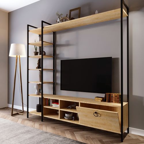 Ensemble meuble TV et bibliothèque bois clair et métal noir Viza 180 cm - Photo n°3; ?>