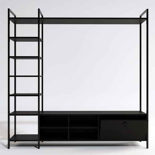 Ensemble meuble TV et bibliothèque bois noir et métal noir Viza 180 cm - Photo n°3; ?>