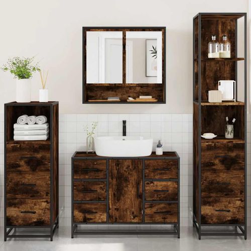 Ensemble meubles salle de bain 4 pcs chêne fumé bois ingénierie - Photo n°3; ?>