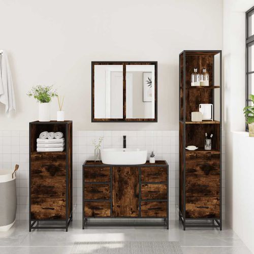 Ensemble meubles salle de bain 4 pcs chêne fumé bois ingénierie - Photo n°3; ?>