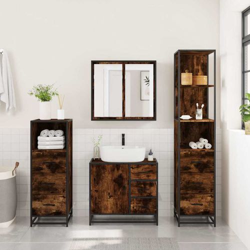 Ensemble meubles salle de bain 4 pcs chêne fumé bois ingénierie - Photo n°3; ?>