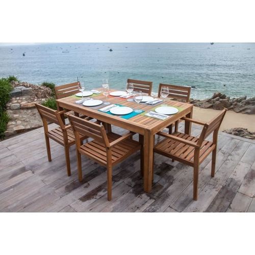 Ensemble repas de jardin 6 personnes - table 160x90cm et 6 fauteuils - Bois Acacia - Photo n°2; ?>