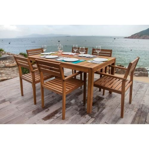 Ensemble repas de jardin 6 personnes - table 160x90cm et 6 fauteuils - Bois Acacia - Photo n°3; ?>