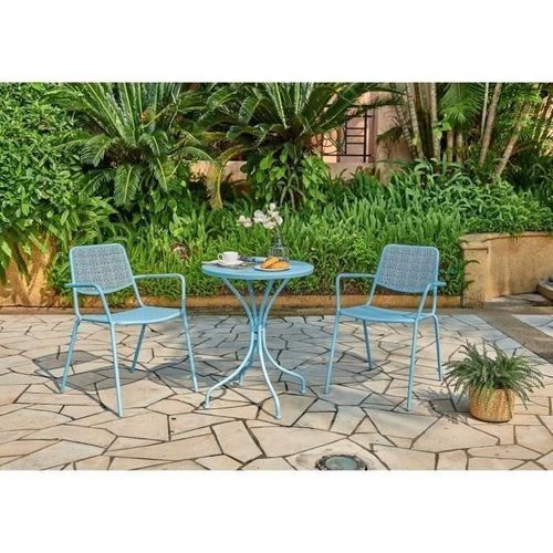 Ensemble repas de jardin ou balcon - Set bistrot table avec 2 fauteuils - Table : 60 x 70 cm, fauteuils : 54 x 64 x 77 cm - Bleu - Photo n°2; ?>