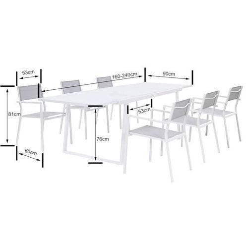Ensemble repas de jardin - table extensible 160-240 cm et 6 fauteuils - Structure aluminium - Blanc - Photo n°3; ?>