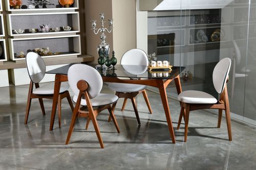 Ensemble table à manger bois de noyer et verre trempé noir et 4 chaises Karny 160 cm - Photo n°3; ?>
