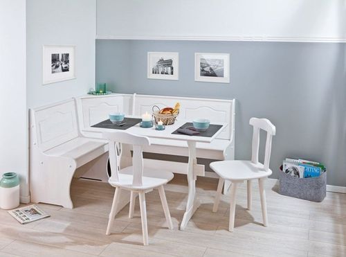 Ensemble table avec banc et chaises pin massif vernis blanc Vencia - Photo n°2; ?>