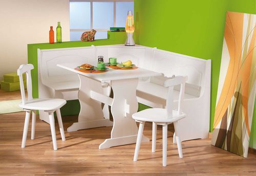 Ensemble table avec banc et chaises pin massif vernis blanc Vencia - Photo n°3; ?>