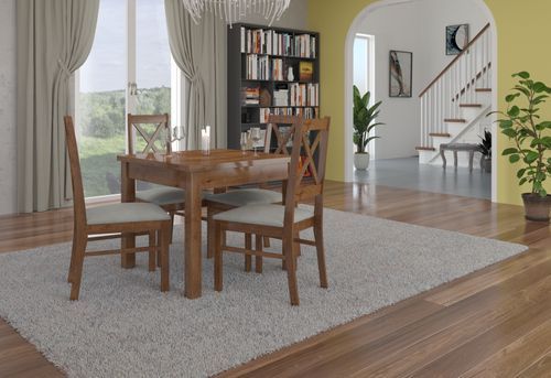 Ensemble table carrée 80/80 cm et 4 chaises en bois marron et tissu beige clair Opka - Photo n°2; ?>