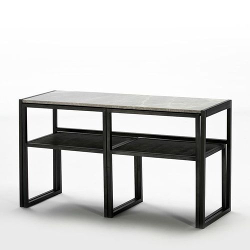 Ensemble table et 2 chaises marbre gris et métal noir Trois - Photo n°2; ?>