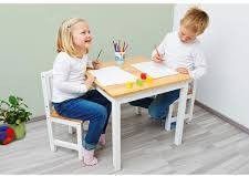 Ensemble table et chaises enfant 3 pièces pin massif laqué blanc et clair Fenna - Photo n°2; ?>