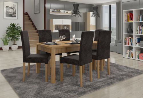 Ensemble table extensible 140/180 cm et 6 chaises en bois clair de hêtre et tissu gris foncé Zakria - Photo n°2; ?>