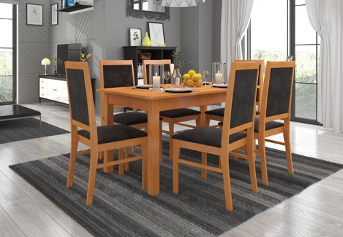 Ensemble table extensible 140/180 cm et 6 chaises en bois clair de hêtre et tissu noir Klarika - Photo n°2; ?>