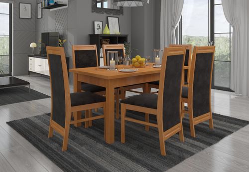 Ensemble table extensible 140/180 cm et 6 chaises en bois clair de hêtre et tissu noir Komba - Photo n°2; ?>