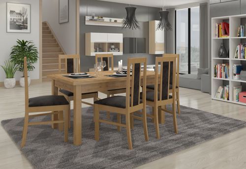 Ensemble table extensible 140/180 cm et 6 chaises en bois clair de hêtre et tissu noir Louiza - Photo n°2; ?>