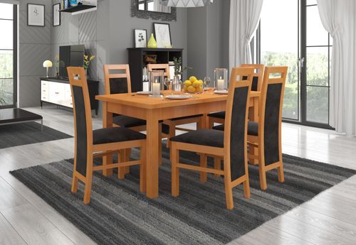 Ensemble table extensible 140/180 cm et 6 chaises en bois clair de hêtre et tissu noir Mouka - Photo n°2; ?>