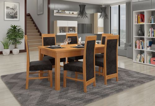 Ensemble table extensible 140/180 cm et 6 chaises en bois clair de hêtre et tissu noir Valka - Photo n°2; ?>