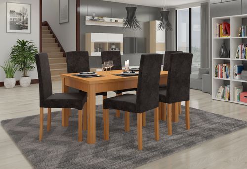 Ensemble table extensible 140/180 cm et 6 chaises en bois clair de hêtre et tissu noir Zakria - Photo n°2; ?>