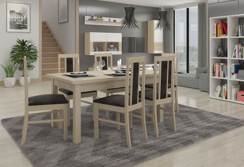 Ensemble table extensible 140/180 cm et 6 chaises en bois clair sonoma et tissu noir Louiza - Photo n°2; ?>