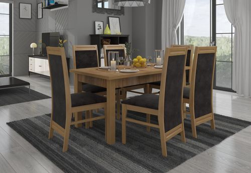 Ensemble table extensible 140/180 cm et 6 chaises en bois de hêtre et tissu gris foncé Komba - Photo n°2; ?>