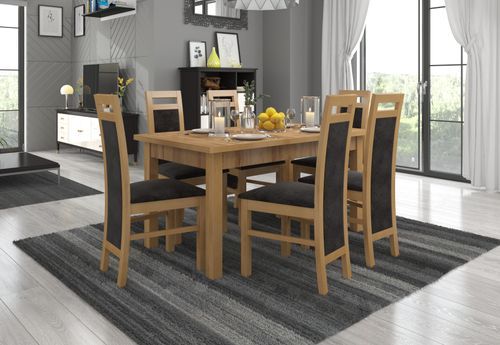 Ensemble table extensible 140/180 cm et 6 chaises en bois de hêtre et tissu gris foncé Mouka - Photo n°2; ?>