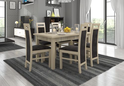 Ensemble table extensible 140/180 cm et 6 chaises en bois clair sonoma et tissu gris foncé Mouka - Photo n°2; ?>