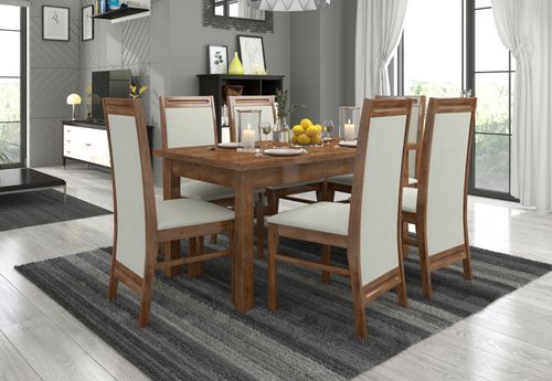 Ensemble table extensible 140/180 cm et 6 chaises en bois marron et tissu beige clair Komba - Photo n°2; ?>