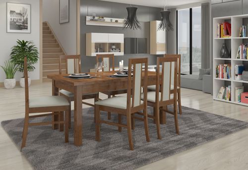 Ensemble table extensible 140/180 cm et 6 chaises en bois marron et tissu beige clair Louiza - Photo n°2; ?>