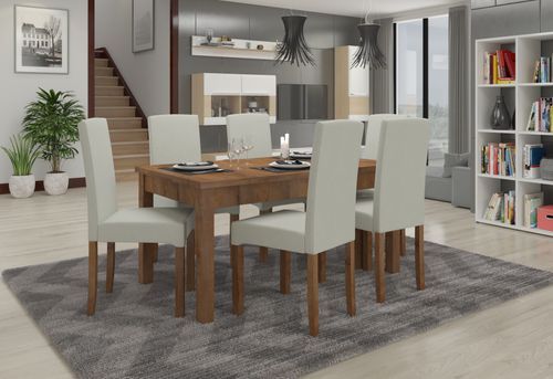 Ensemble table extensible 140/180 cm et 6 chaises en bois marron et tissu beige clair Zakria - Photo n°2; ?>