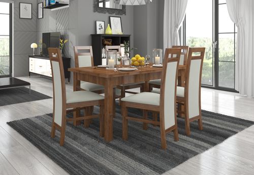 Ensemble table extensible 140/180 cm et 6 chaises en bois marron et tissu gris clair Mouka - Photo n°2; ?>