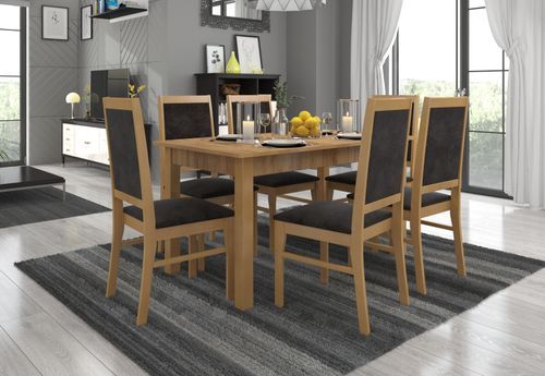Ensemble table extensible 140/180 cm et 6 chaises en bois naturel et tissu noir Klarika - Photo n°2; ?>
