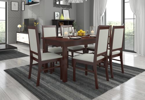 Ensemble table extensible 140/180 cm et 6 chaises en bois Noyer foncé et tissu beige clair Klarika - Photo n°2; ?>
