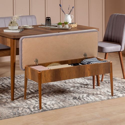 Ensemble table extensible 2 chaises et 2 bancs bois marron et tissu gris Mariva - Photo n°2; ?>