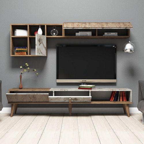 Esemble meuble TV en bois noyer et blanc effet marbre Roma 180 cm - Photo n°3; ?>